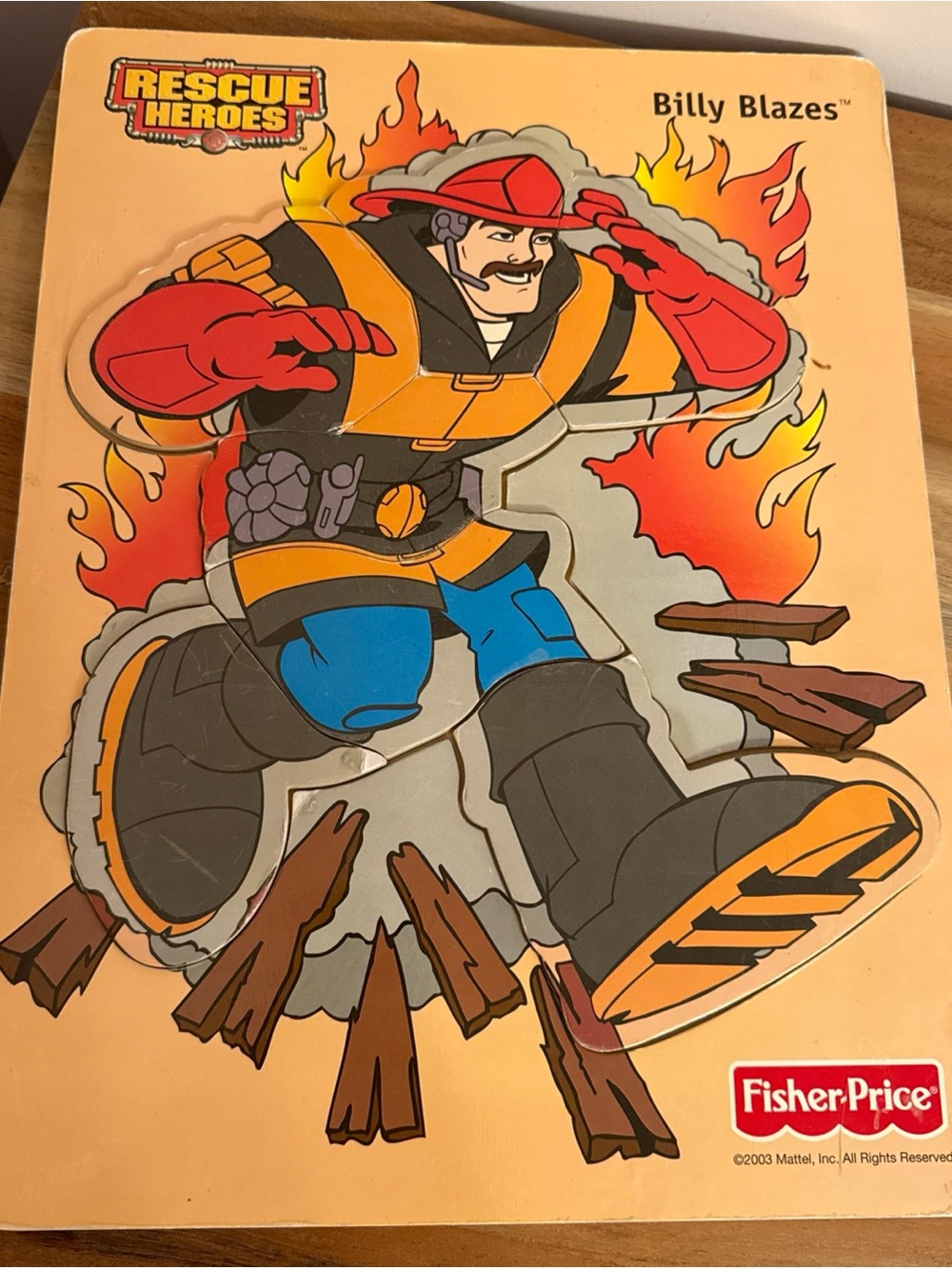 VTG Fisher Price 2003 Mattel RESCUE HEROES BILLY BLAZES Wooden 7 Pc tray Puzzle